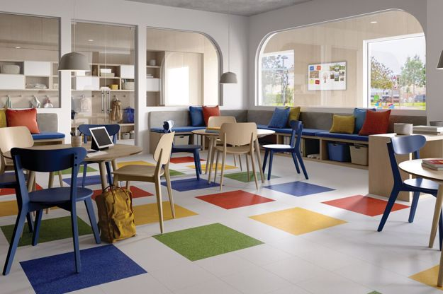 vinyl-based tile in colorful checkerboard pattern in classroom
