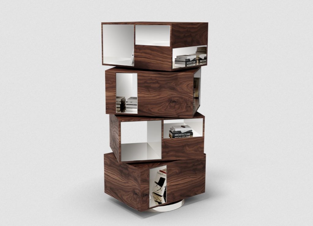 Bookcase with rotated modules with items in it