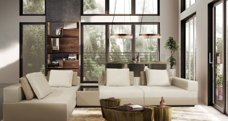 Walnut Veneer bookcase in nice living room with tall windows, white rug, and white sofa