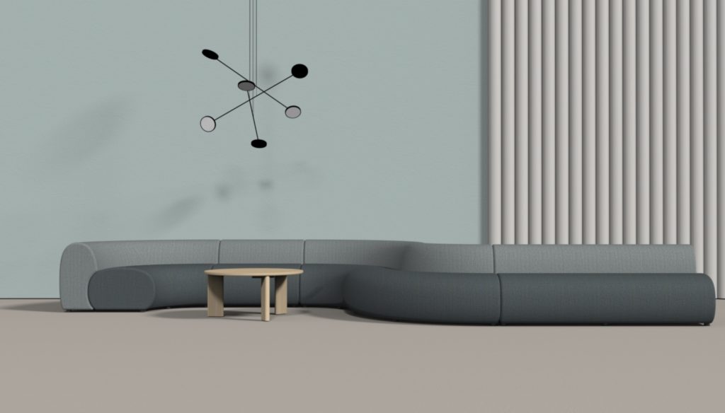 Logger Modular Seating in two tones of ray with curvy section beneath modern chandelier