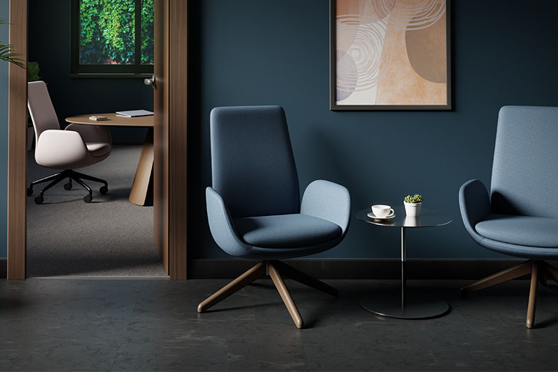 Keilhauer chair in grayish blue outside office