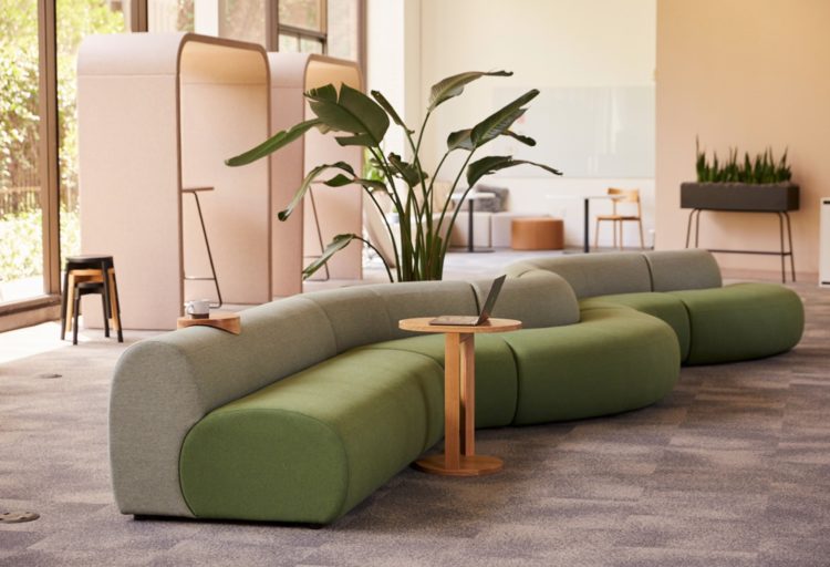 Logger sofa in green and gray in sunny workspace