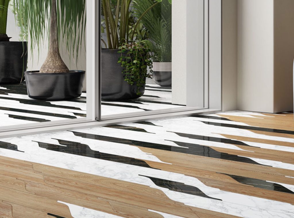 Parquet floor with wood and inlaid black/white ceramic tiles 