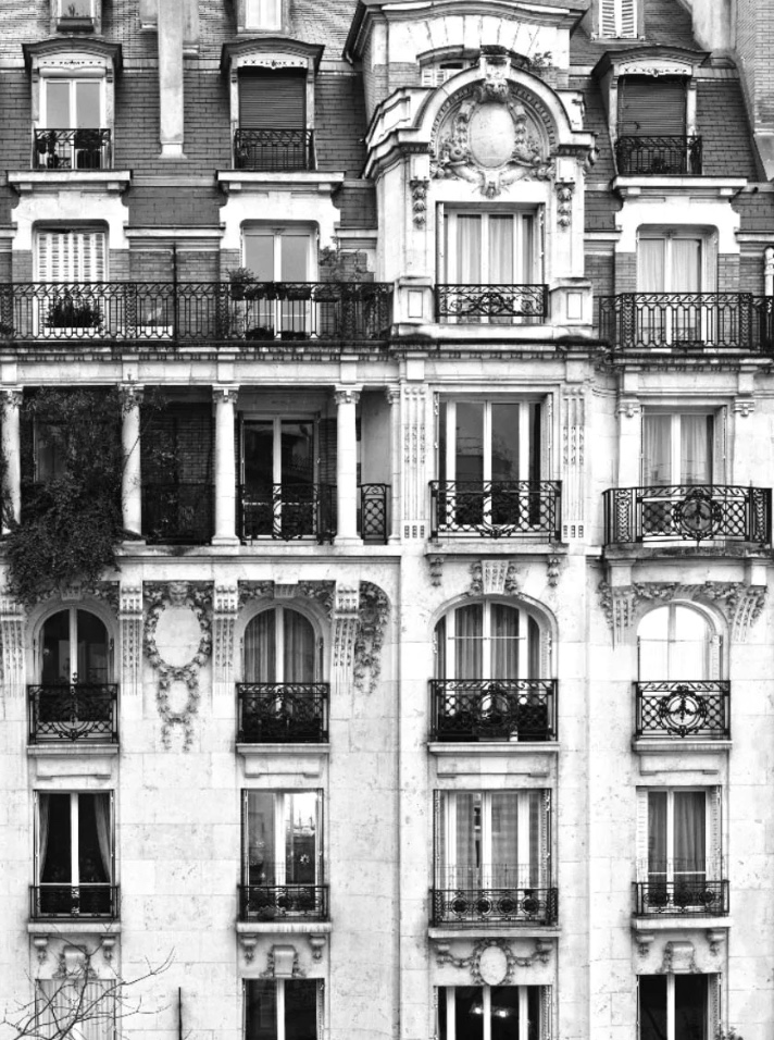 classic photo of French balconies and windows in black and white
