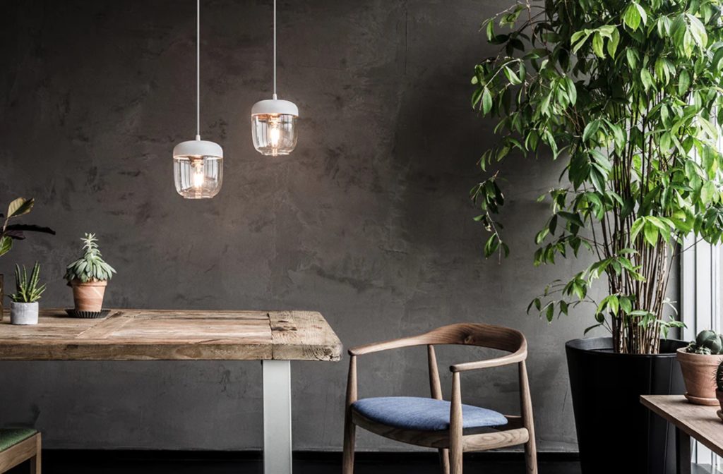 two pendant lamps with clear diffuser and white matte housing above rustic table with dining chair and plant in background