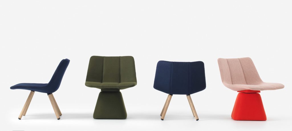 four chairs with different bases and colors