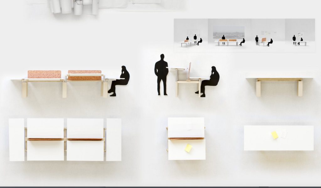 Schematic showing different uses. Many different configurations of desks at different heights with silhouettes of people for examples of use
