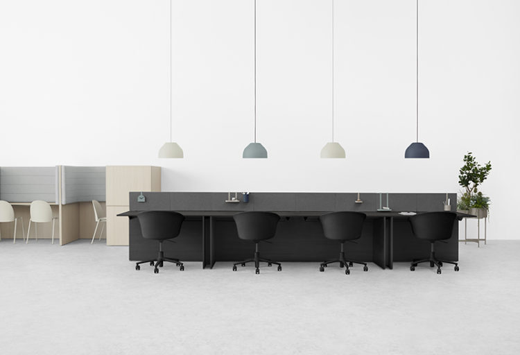 enKAK long table connected into workstation (black) with pendant lamps