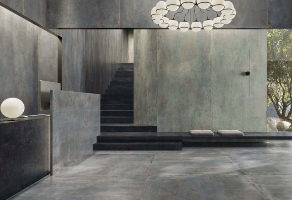 Casalgrande Padana tile with iridescent effect on floor and walls of spa