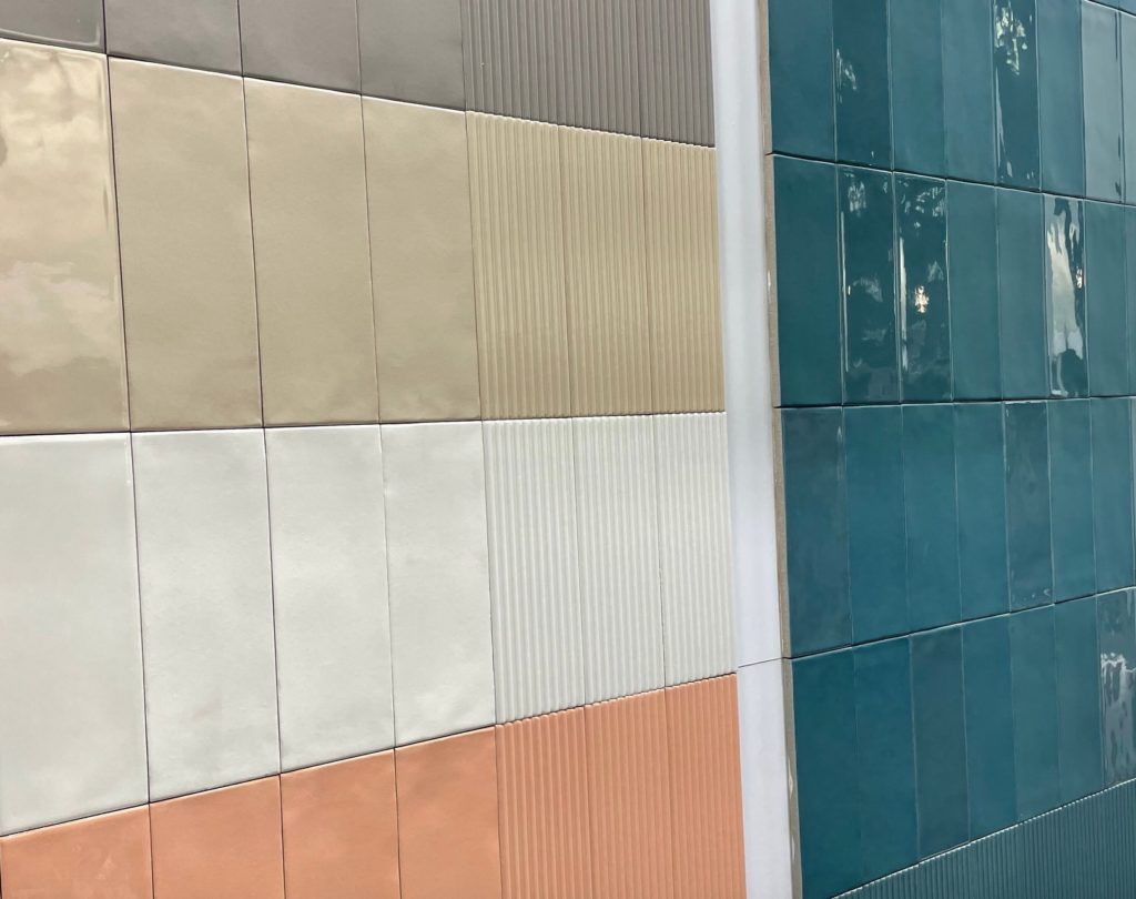 Ergon tile at BDNY rectangular shaped-tile in blue, peach, white, beige