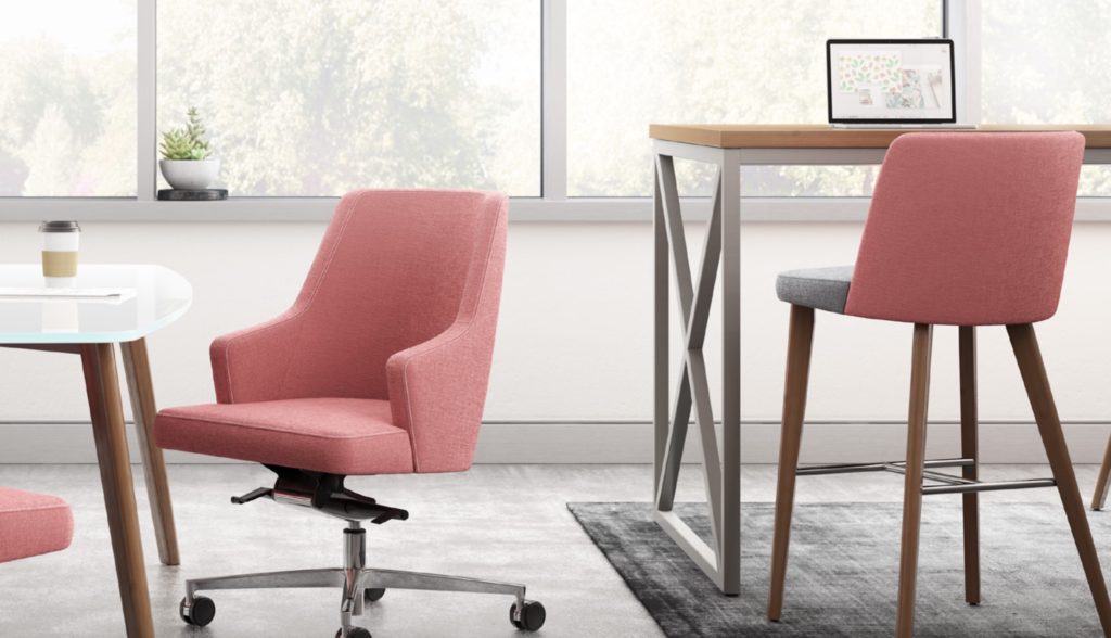 Nate & Natty collection bar stool and conference chair with salmon-colored upholstery