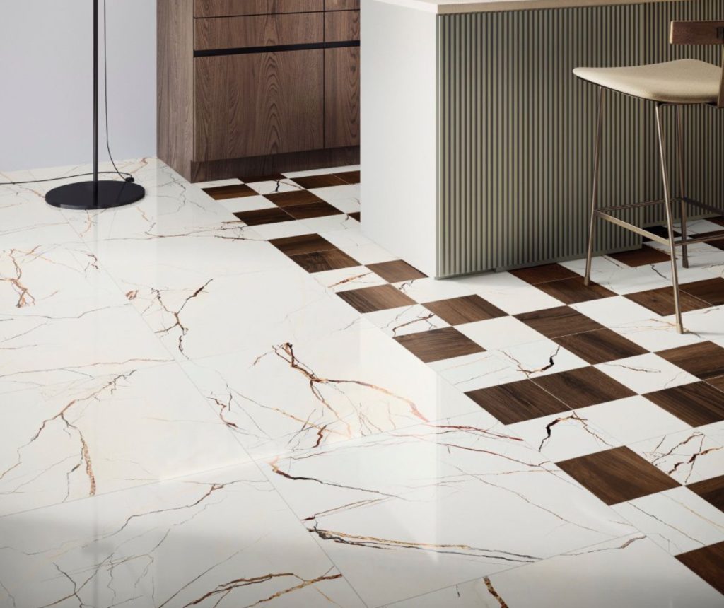 Settecento Lichen collection white marble with gold veins and inset wooden tiles