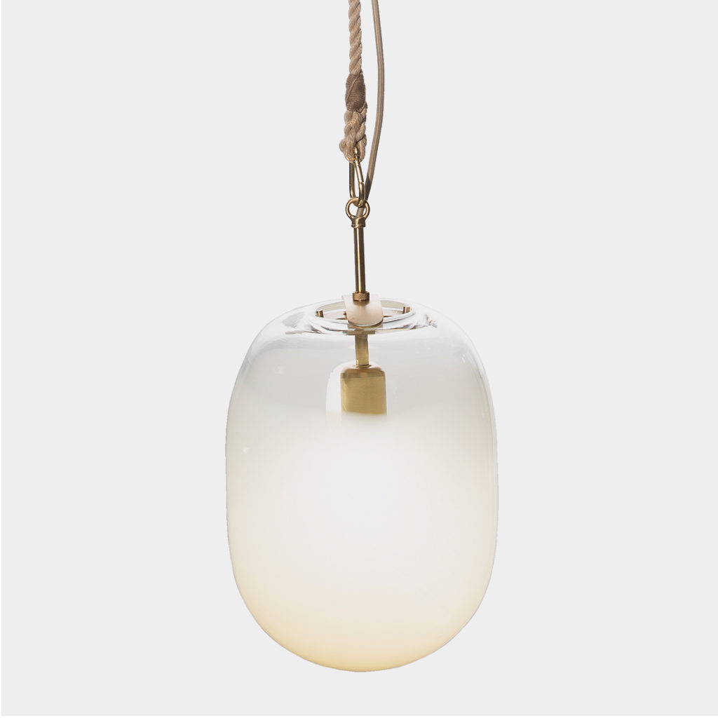 detail of a hand-blown pendant light with translucent/smoky color