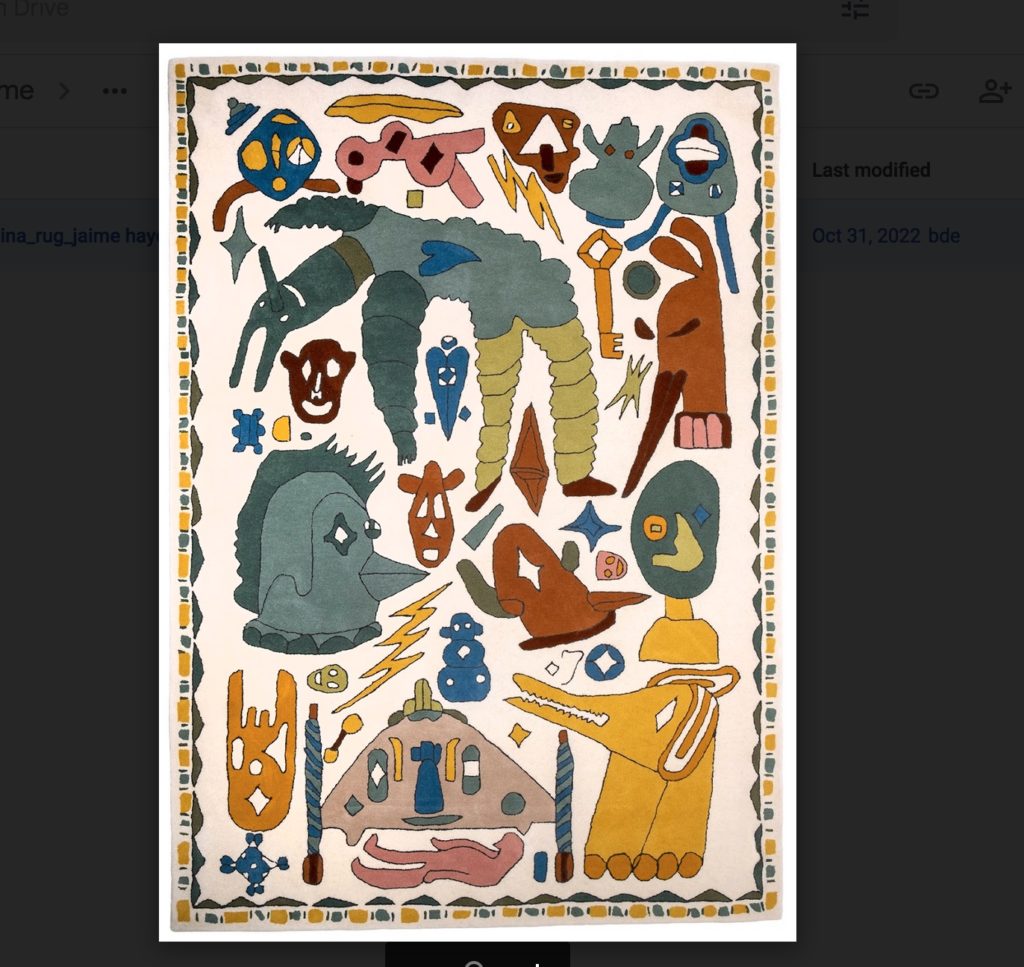 Troupe rug with whimsical fantastical creatures resembling animals