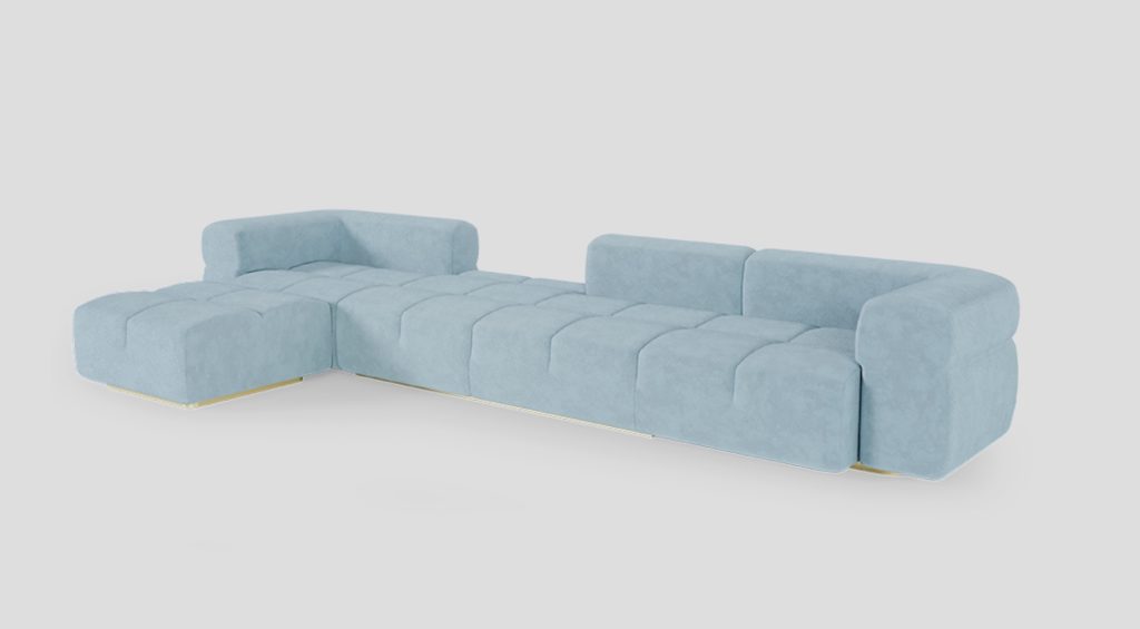 Light blue sectional sofa view from front