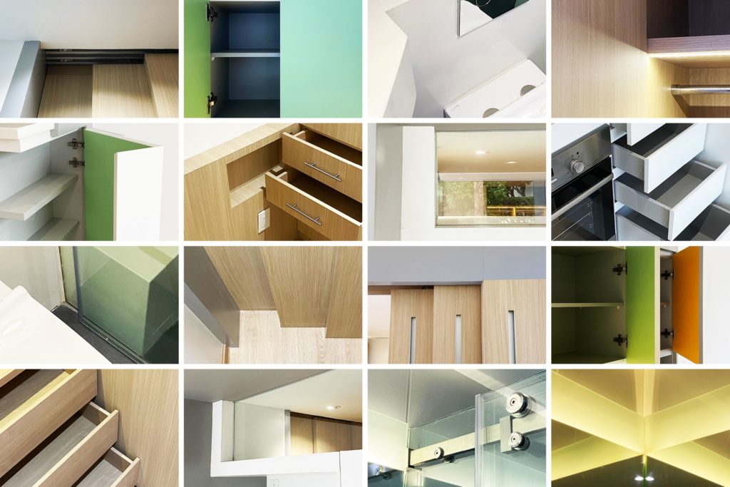 Collage of interior design of apartment pod