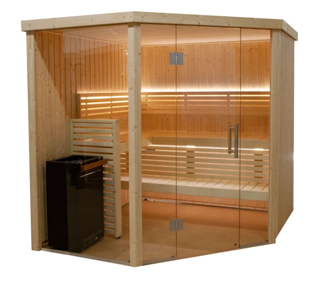 Large indoor sauna with wood finish in a modern style