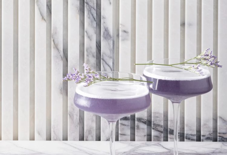 ARtistic Tile Lilac field stone backsplash detail with lilac martinis