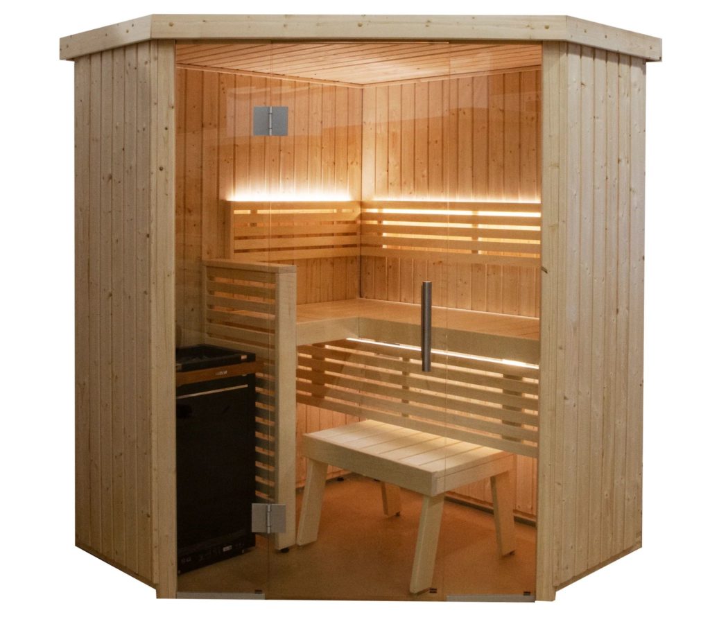 Himmel Sauna with corner-cut details and vertical wood paneling
