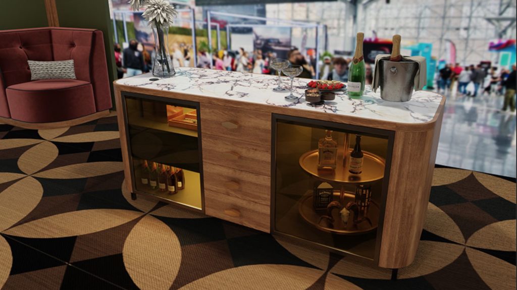 Calacatta Bar at BDNY in walnut with view of interior rotating shelves and other storage 
