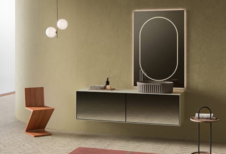 Patrick Norguet Heritage collection with vanity, mirror, and counter-top washbasin, rust colored rug, and Panton-style chair