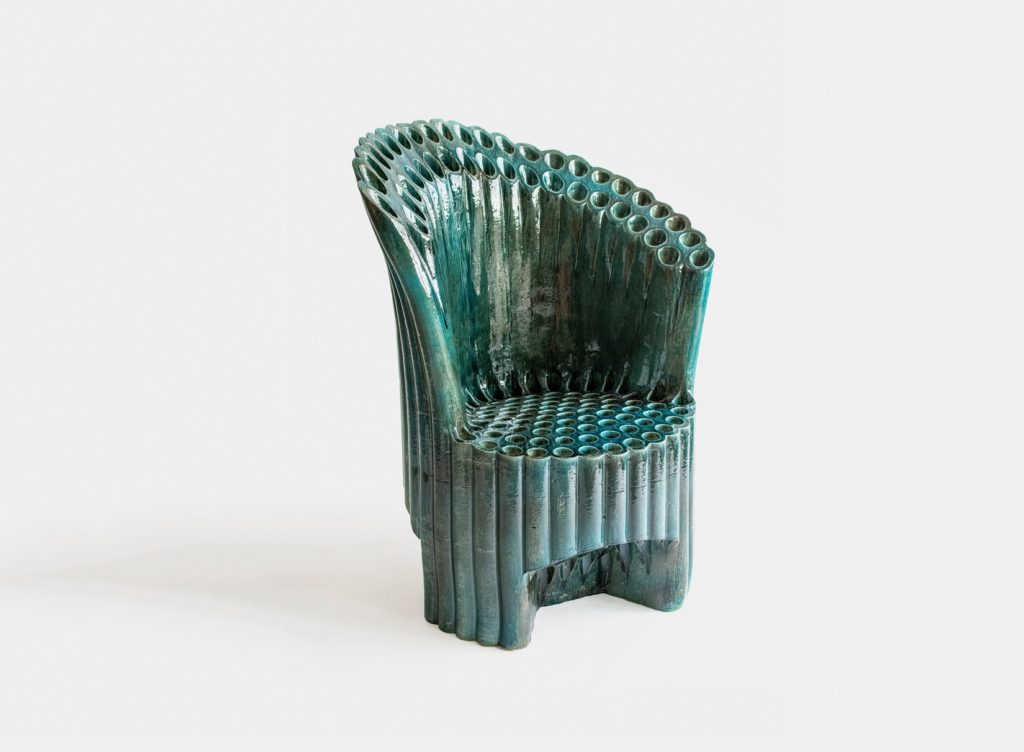 The Future Perfect Throne chair made of glazed and fired ceramic tubes