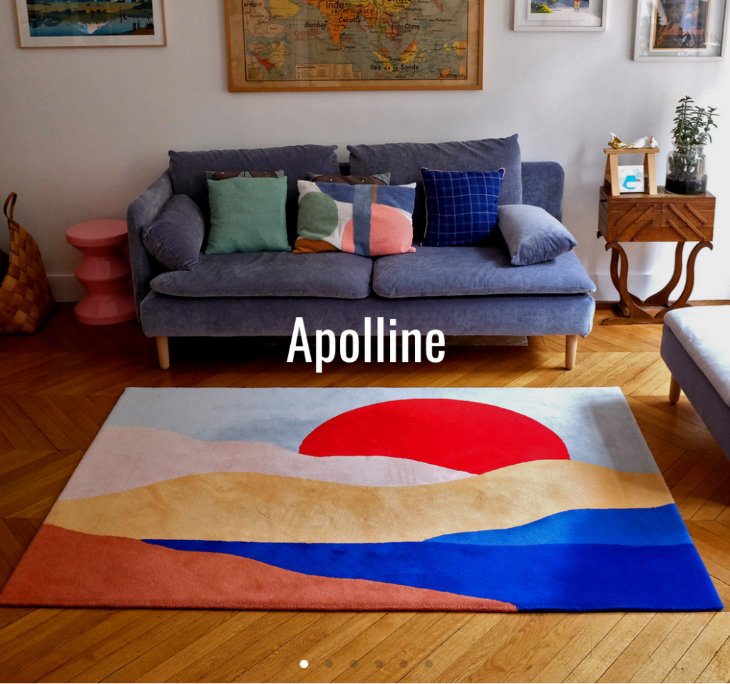 Apolline rug with a landscape and sun setting behind colorful hills