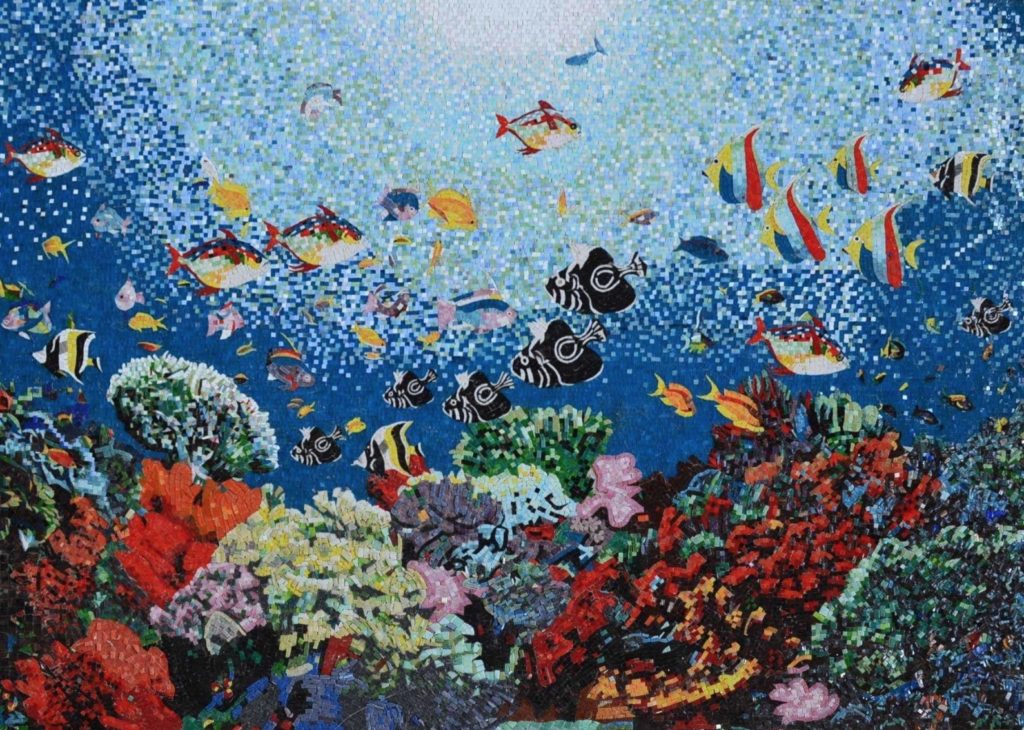 mosaic aquatic scene with coral and a variety of colorful fish