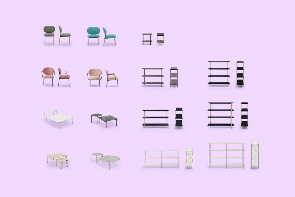 Collection of chairs, tables, and storage units, all sizes and colors on pink background