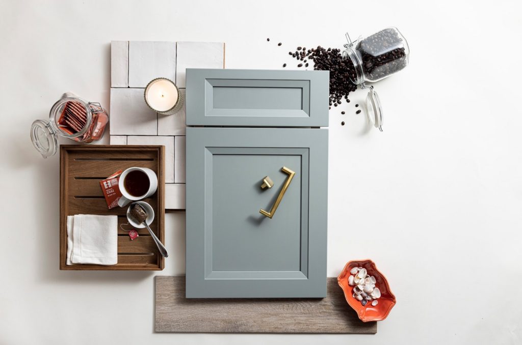 Weston Recessed moodboard in light blue/putty color with coffee accoutrements 