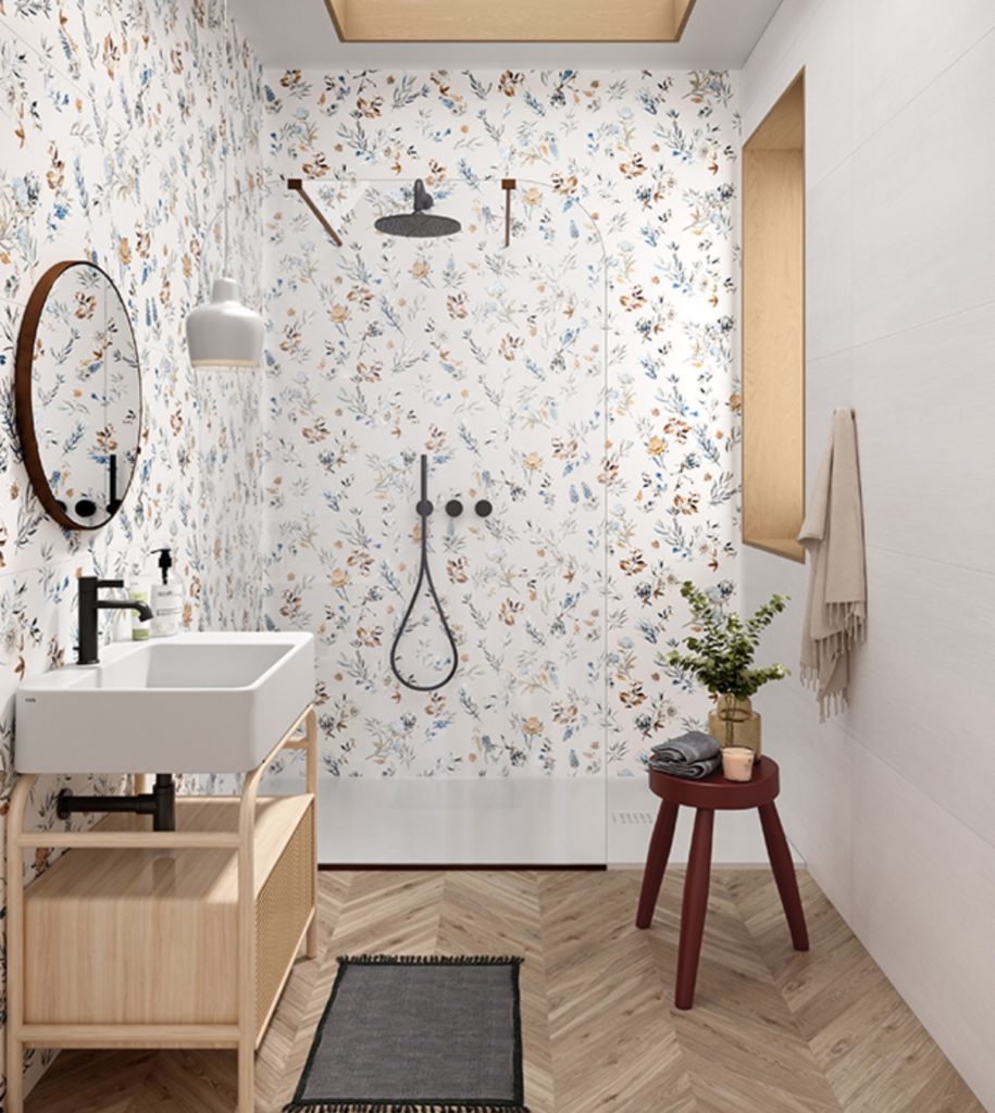 English garden porcelain tiles on shower wall