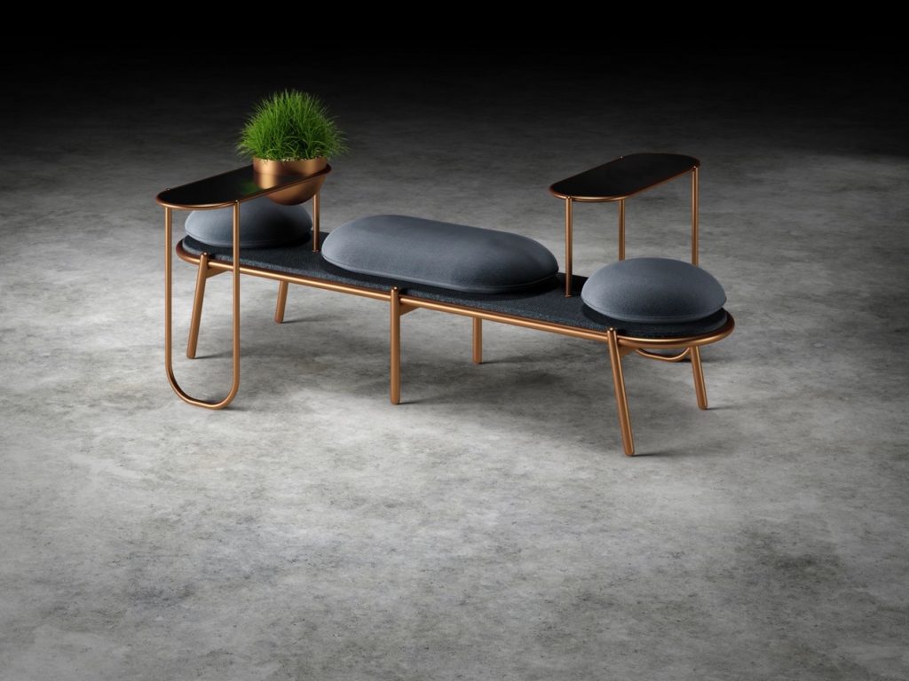 Bench in copper with black upholstery