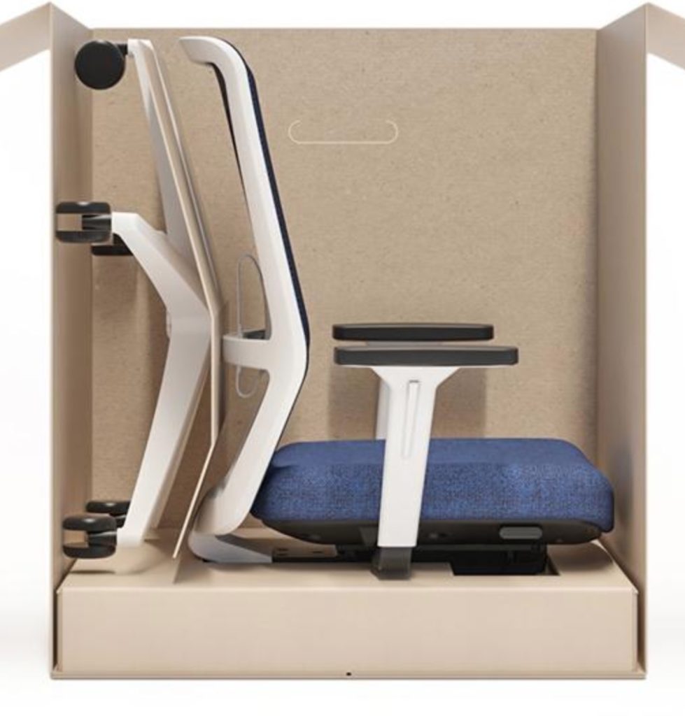 Surf chair in box to illustrate easy assembly and low volume shipping