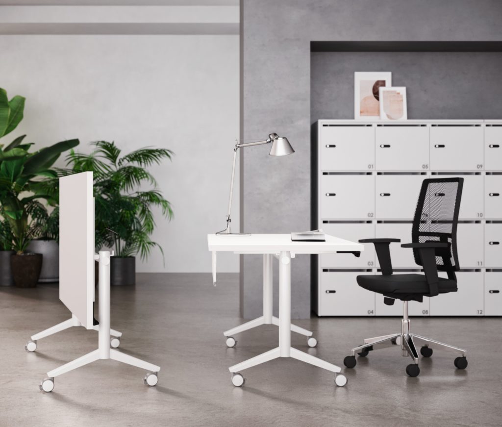 Eidos Pro desk in white with black chair and second desk in flipped-up position