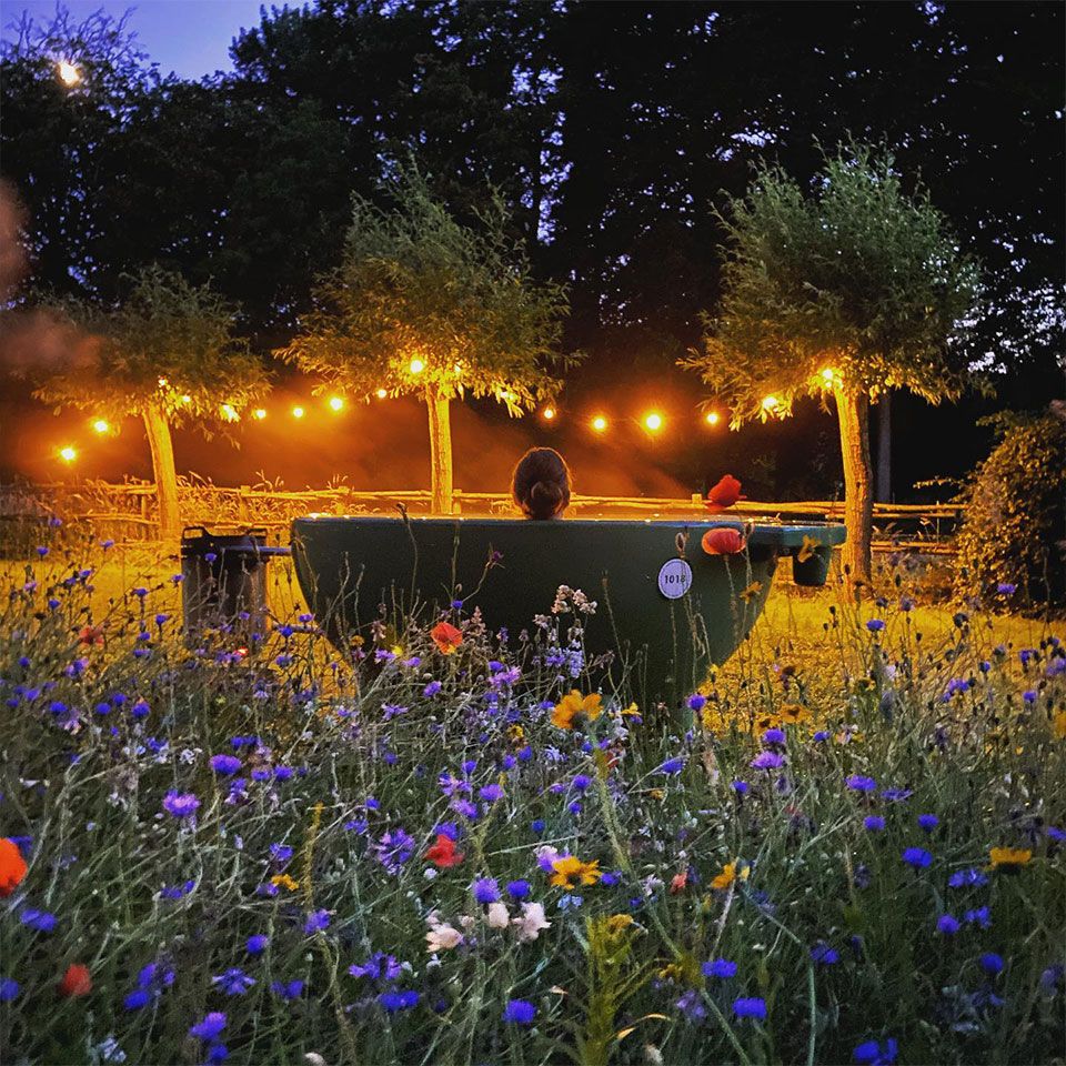 view from behind with woman bathing in wildflower garden at night with string lights