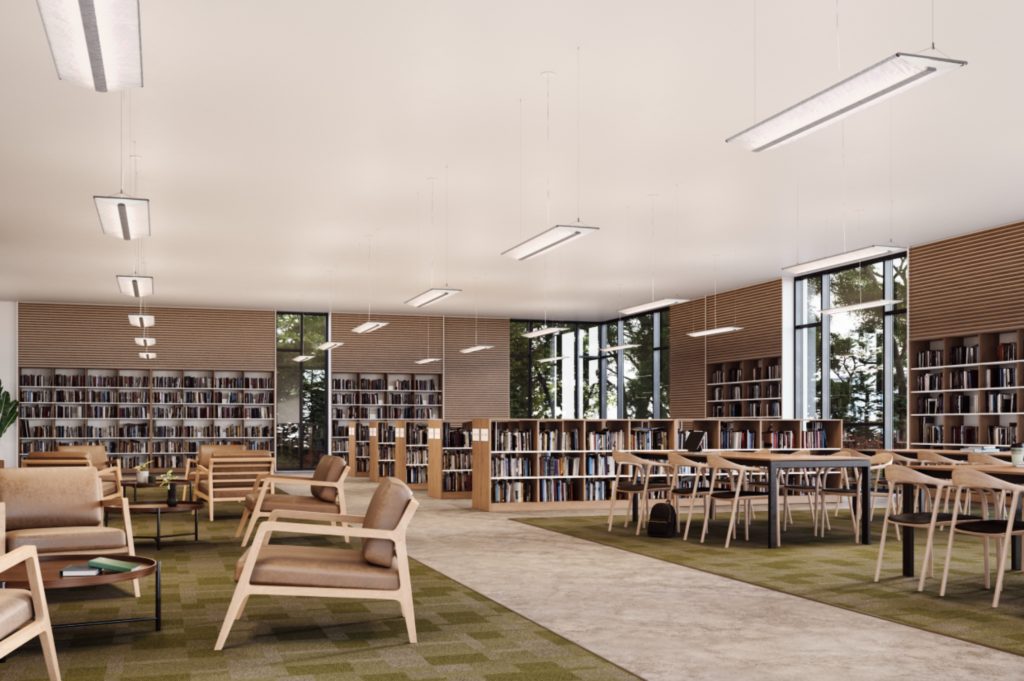 Many pendant lights in two rows in sunny library