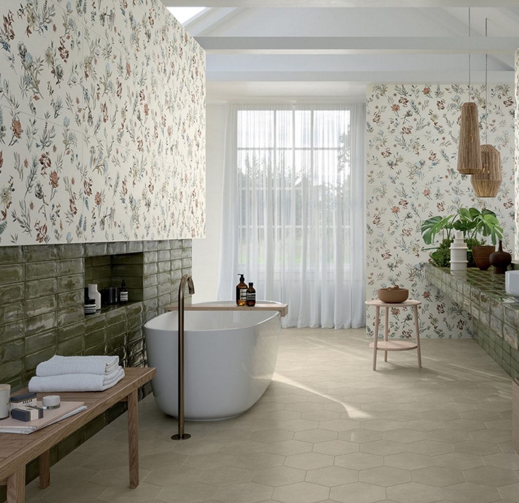 stoneware tiles in bathroom in bright floral design