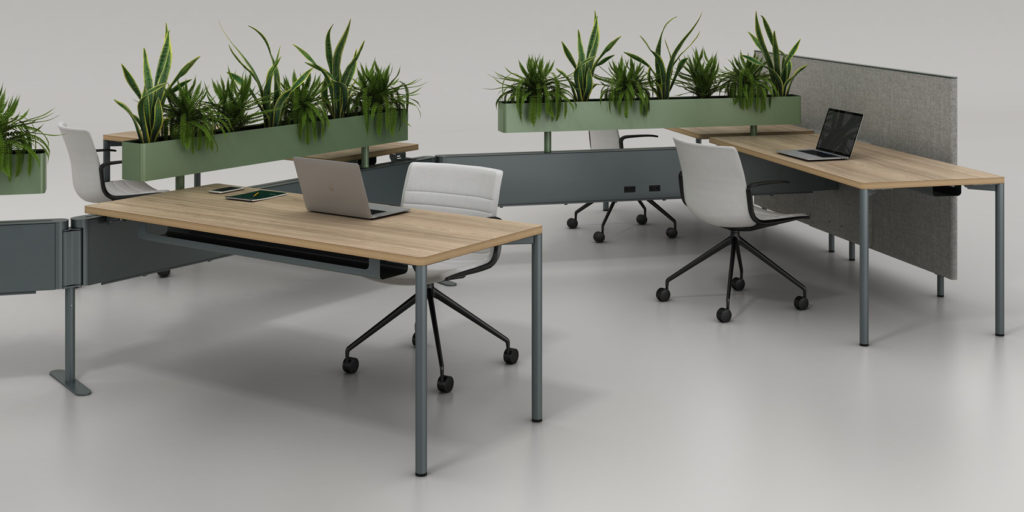 Edison rail with back to back desks, planters, and privacy rails