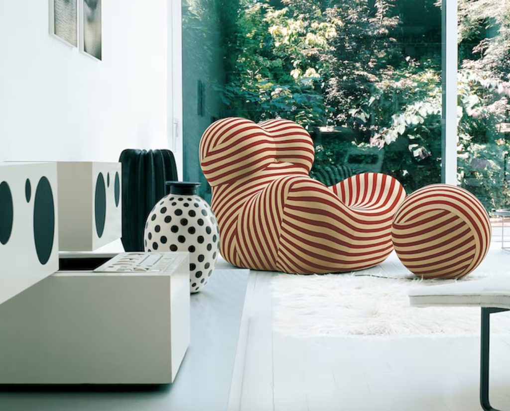 archival image of the Up chair in striped red and beige in mid-century modern space