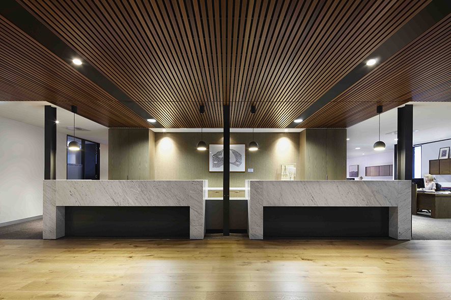 Blade ceiling tiles above reception station