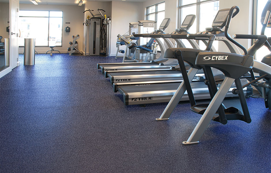 exercise facility room with floor deep purple hue and treadmills