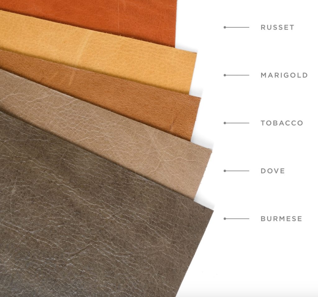 Five leather swatches in a neutral color palette