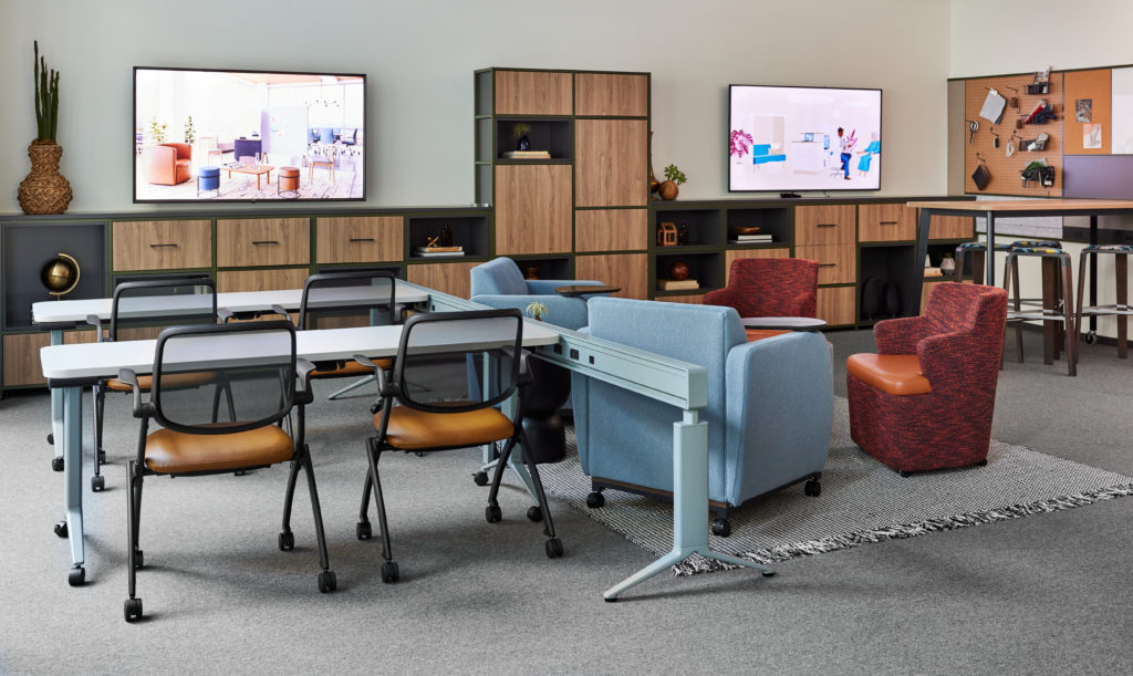 Chaddy chairs in classroom/presentation room with camel-colored upholstery and black frame