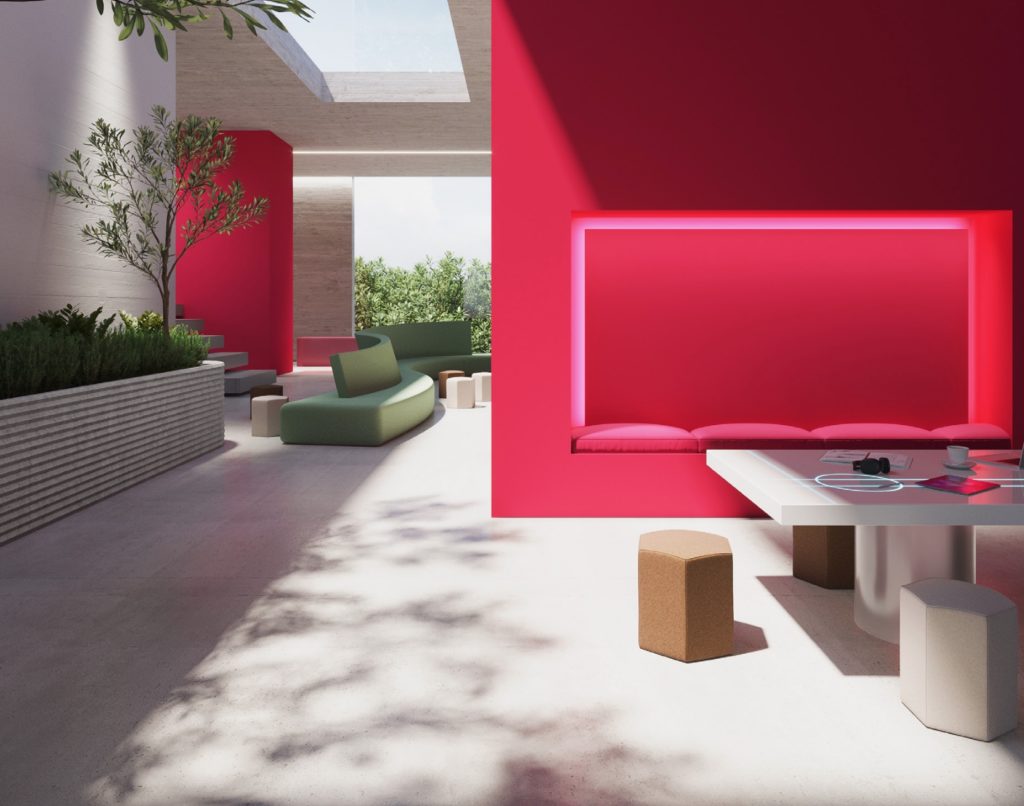 Rendering of a room featuring Vivid Punch and Viva Magenta with complementary natural shades