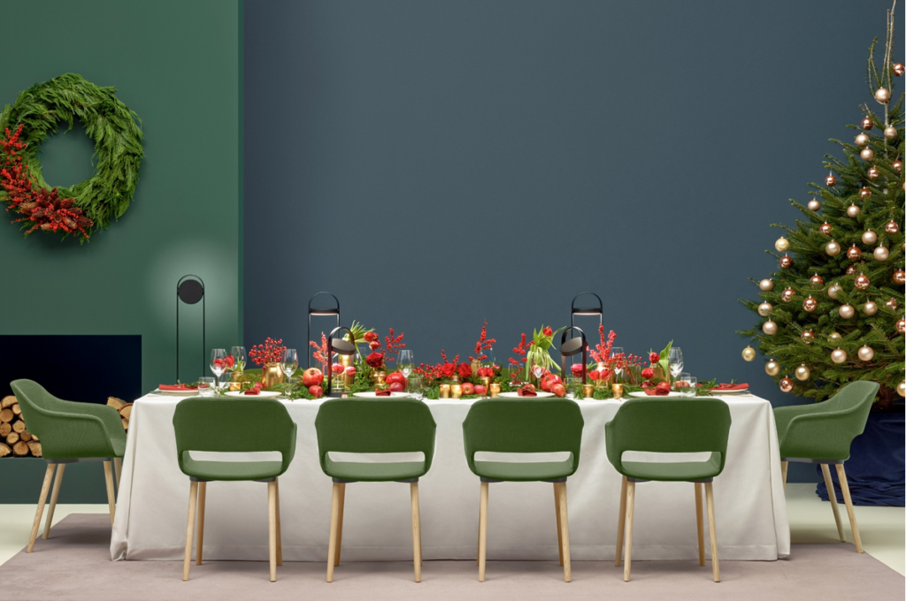 Several Giravolta lamps on colorful Christmas table
