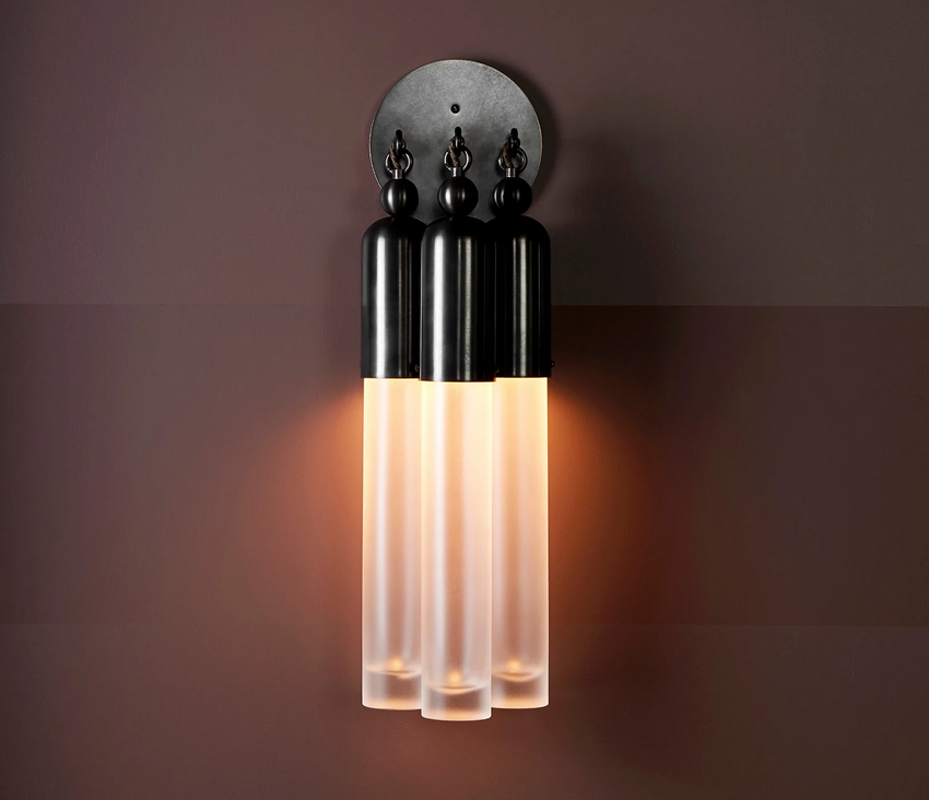 Sconce with black brass dome and three cylinder lights