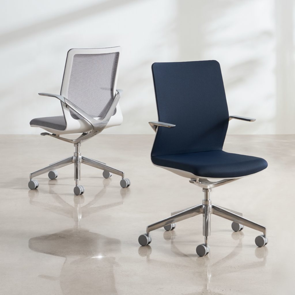 two Linq chairs with new knit fabrics in blue and grey