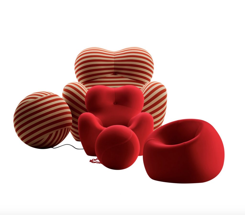 Serie Up family with original Up chair in red/beige stripes, Baby Up in red, and matching ottoman in red