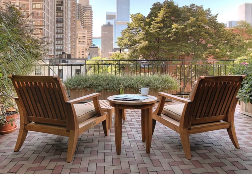 Aspire Pavers on rooftop with comfy chairs looking out over city