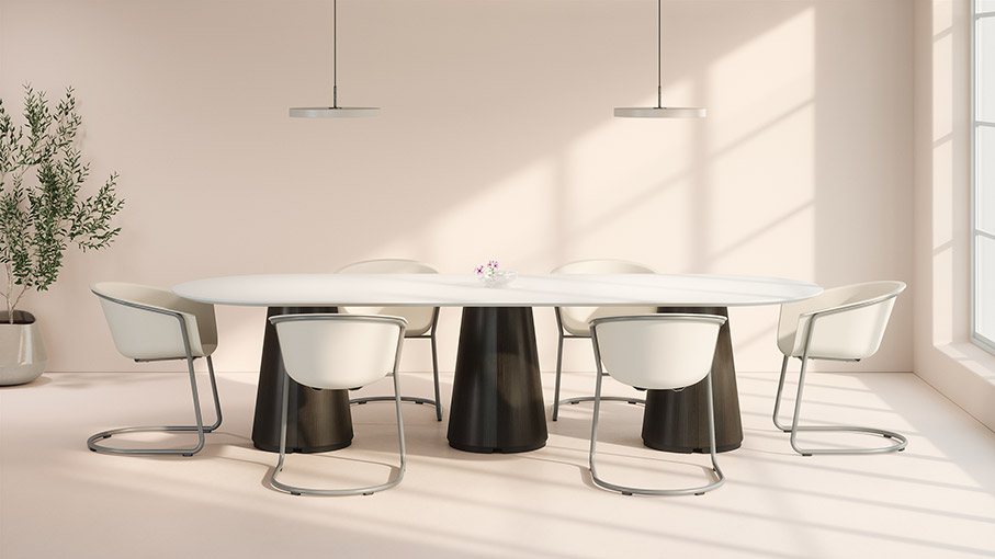 Race track-shaped conference table with white top and black bases